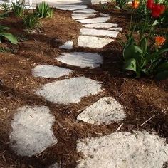 a stone path with tulips and other flowers on the side of a house