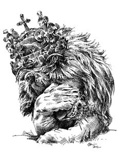 an ink drawing of a lion with flowers on its head, sitting in the grass