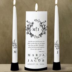 three candles with the words mr and mrs printed on them, sitting next to each other