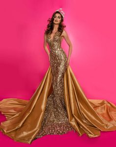 Sequin Floor-length Gown For Glamorous Events, Floor-length Sequined Gown For Glamorous Events, Glamorous Gown With Sequins And Long Train, Glamorous Evening Dress With Sequins And Long Train, Fitted Sequin Gown For Glamorous Events, Gold Pageant Gown, Pageant Evening Gowns, Gold Sequin Fabric, Pageant Gown