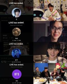 a series of photos with people on the screen and in the background, there is an ad for bts