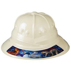 a white hard hat with dinosaurs on it