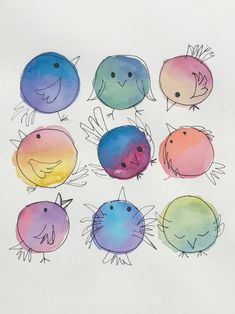 six watercolor birds with different colors and sizes on them, sitting in the middle of a circle