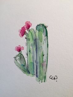 a watercolor painting of a cactus with pink flowers on it's back end