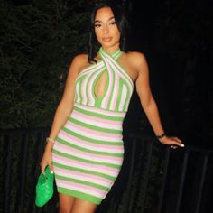 Multicolor Dress Spring Striped Mini Dress For Day Out, Striped Mini Dress For Spring Day Out, Trendy White Bodycon Dress, Green Bodycon Mini Dress For Vacation, White Bodycon Mini Dress For Vacation, Trendy White Mini Dress For Date Night, Trendy White Dress For Night Out, Chic Multicolor Bodycon Mini Dress, Green Bodycon Dress For Spring