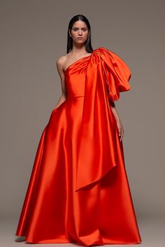 Strapless Ruffled Bodice Ball Gown - HerTrove Orange Ballgown, Orange Formal Dresses, Bow Gown, Orange Gown, Off Shoulder Ball Gown, Long Dress Sleeveless, Ellie Saab, Organza Gowns, Drape Gowns