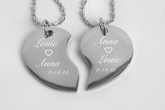 "This engraved silver broken heart necklace can be personalized for the sweetheart in your life. Our custom split heart necklace set can be engraved on both sides with names, dates or a message of love. If you would like a heart engraved between names or on any line you can simply type the word \"heart\" into the desired location. The 2 piece broken heart necklace can also be a wonderful gift for your best friend. 2 NECKLACES INCLUDED [pictured] custom sizes available For Extra Curb Chains Pleas Personalized Stainless Steel Heart Pendant Jewelry, Personalized Stainless Steel Heart Pendant, Customizable Stainless Steel Heart Pendant Jewelry, Couples' Heart Shaped Stainless Steel Jewelry, Couples' Stainless Steel Heart-shaped Jewelry, Couples' Stainless Steel Heart Jewelry, Customized Stainless Steel Heart Pendant Jewelry, Laser Engraved Silver Jewelry For Anniversary Gift, Silver Laser Engraved Jewelry For Anniversary Gift