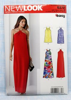 a woman in a red dress and purse standing next to an image of the new look pattern