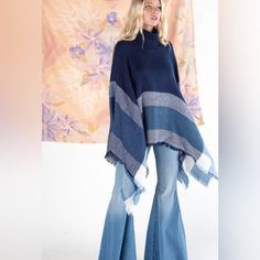 We Love The Poncho Azul! Lightweight, Turtleneck Poncho With Contrasting Navy Hued Stripes Is A Must Have Item For Your Wardrobe! Model Is 5’7”; Bust 33”, Waist 23” & Hips 33.5” One Size Fits Most Azul Color, Turtleneck Poncho, Must Have Items, Shrug Sweater, Ponchos, Winter Scarf, Kimono Top, Bell Sleeve Top, Color Blue