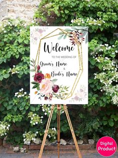 a welcome sign on an easel in front of some flowers and greenery with the words, welcome to the wedding of granny's marie & bridale's home