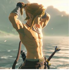 an image of a woman with no shirt on standing in the water holding two swords