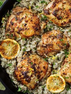 chicken and rice with lemons in a skillet