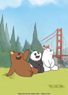 three cartoon bears are sitting in front of the golden gate bridge, and one bear is wearing a party hat