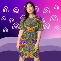 🌈This Women's T-Shirt Dress/Pajama Nightgown with a Psychedelic Funky Rainbow Swirl Design is the swiss knife of all dresses--it'll look great almost anywhere. Dress it up with a jacket or give it a more casual vibe with a pair of sneakers. Wear it as a sleep nightie tee, comfy loungewear or even as a part of your street style outfit--the options are endless. The comfortable oversize fit proves that comfy can also be stylish! * Made from 96% polyester, 4% spandex * Smooth and stretchy fabric * Pajama Dresses, Oversize Tshirt Outfits, Swiss Knife, Loungewear Outfit, Womens T Shirt Dress, Pajama Dress, Rainbow Swirl, Tshirt Outfits, Swirl Design