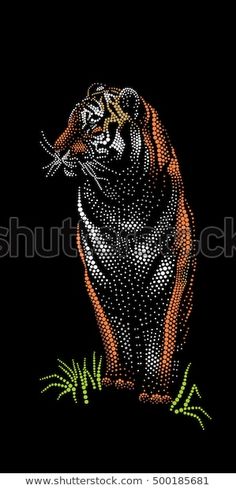 an embroidered tiger sitting in the grass with its mouth open and tongue out, on a black background