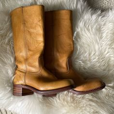 Really Cool Vintage White Label Frye Campus Boots, Size 9 Women’s, Slightly Too Big On Me. Lots Of Life Left, Gorgeous Patina On The Leather. Darker Banana Color. I Have A New Pair, The Quality Is Not As Good As This Older Pair. Good Condition, Wear On The Soles, Minor Spotting And Scuffing On The Leather. Please Check Out All The Pictures. Made In Usa Still, Which Is Special Because All The New Frye Campus Boots Are Now Made In Mexico. Classic Yellow Boots With Round Toe, Classic Yellow Round Toe Boots, Rugged Yellow Leather Boots, Frye Boots Outfit, Banana Color, Frye Campus Boots, Thrift Board, Campus Boots, Dream Items