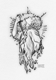 a drawing of jesus holding the cross with his hands and head behind him, as if he