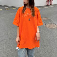 Niche High Street Letter Embroidery Oversize Orange Graphic T-shirt Details SKU: G-069 Material: Cotton Size: M, L, XL Color: Orange Sleeve: Short Sleeve Collar: Crew neck Size Chart Oversized Graphic Tee, Vintage Butterfly, Basic Tee, Cotton Style, Graphic Tees Women, Orange Color, Womens Tees, Size Chart, Graphic Tees