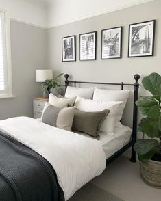 a bedroom with pictures on the wall above the bed and below the bed is a plant