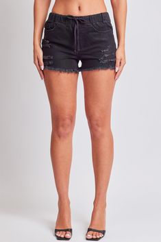 Buckle up baby, our perfectly sporty Women's Dream High-Rise Jean Jogger Shorts are here! Part of our Dream collection, this short features a non-stretchy front for the perfect rigid look, and a stretchy back panel for extra comfort. Featuring a classic five-pocket construction, elastic waistband with front tie, distressed detailing, and a frayed hem. Style with a cute graphic tee and sneakers for the perfect summer vibe! Measurement (Based on size S) - Inseam (To bottom of fray): 3” - Rise (To top edge of band ): 10.5” - Leg Opening: 23” - Model is wearing size S Machine wash cold. Front Panel: 100% Cotton (Color: 1592M)Back Panel: 71% Cotton/ 25% Polyester/ 1% Spandex/ 3% Other Fiber (Color: 1592M) Front Panel: 100% Cotton (Color: K1864)Back Panel: 98% Cotton/ 2% Spandex (Color: K1864) F Ymi Jeans, Dream Jeans, Dream High, Cute Graphic Tees, Jogger Shorts, High Rise Jeans, Jogger Jeans, Medium Blue, Perfect Summer