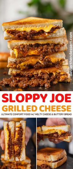 the sloppy joe grilled cheese sandwich is stacked on top of each other and ready to be eaten