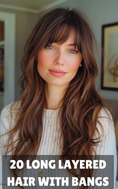 Achieve effortless glamour with these beautiful long layered hairstyles with bangs. Perfect for any occasion, these looks add volume and sophistication to your hair. Get inspired by our top picks! Long Straight Hair With Short Layers, Haircuts For Long Hair No Styling, Fall Bangs Haircut, Best Bangs For Long Hair, Women’s Long Hair With Bangs, Cheekbone Layers Hair, Different Style Bangs For Long Hair, Long Hair With Bangs Fine Hair, Center Part Bangs Long Hair