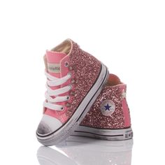 Sides with pink glitter, silver studs on the top,&nbsp;back with silver star, vintage dirt, white original shoelaces. Pink Sparkling Sneakers With Round Toe, Pink Glitter High-top Sneakers, Converse Baby, Baby Glitter, Star Vintage, Kenzo Kids, Stella Mccartney Kids, Luxury Shop, Silver Stars