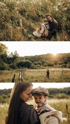 two women and a baby are sitting in the grass with their backs to each other