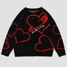 Love Pin Knitted Sweater - Anagoc Funny Skull, Edgy Streetwear, Sweater Streetwear, Skull Sweater, Knitted Heart, Jacquard Sweater, Heart Sweater, Clothing Details, Loose Sweater