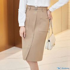 Orcajump - Professional Long Formal Skirt - Coffee-Colored Office Attire Pencil Skirt Office Wear Bottoms For Fall, Non-stretch Knee-length Workwear Skirt, Non-stretch Knee-length Skirt For Workwear, Office Knee-length Skirt With Pockets, Office Pencil Skirt With Pockets, Pencil Skirt With Pockets For The Office, Solid Pencil Skirt With Pockets For Office, Casual Office Wear Skirt, Solid Color Pencil Skirt With Pockets For Office