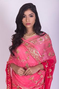 Dark pink ombre chiffon saree with gold sitara embroidery all-over. Comes with blouse.
Components:2
Embroidered
Sleeve Length: Sleeveless
Fabric:Chiffon, Crepe
Color:Pink
Sequins handwork embroidery 
Note: Potli bag held by the model is not for sale - Aza Fashions Ombre Saree, Potli Bag, Potli Bags, Hand Work Embroidery, Pink Chiffon, Blouse For Women, Chiffon Saree, Pink Sequin, Pink Ombre