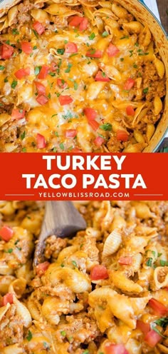 turkey taco pasta in a casserole dish with a wooden spoon on the side