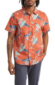 Abstract palm trees and fiery suns keep the tropical vibes going on a shirt made with pops of sky and a soft, breathable cotton blend. Front button closure Spread collar Short sleeves Chest patch pocket 55% cotton, 45% polyester Machine wash, tumble dry Imported Men's Clothing Hawaiian Cotton Camp Shirt With Tropical Print, Cotton Hawaiian Camp Shirt With Tropical Print, Cotton Hawaiian Shirt With Palm Tree Print, Spring Hawaiian Cotton Short Sleeve Shirt, Tropical Cotton Camp Shirt With Camp Collar, Orange Cotton Summer Shirt, Summer Orange Cotton Shirt, Relaxed Fit Cotton Hawaiian Shirt With Hibiscus Print, Relaxed Fit Cotton Hawaiian Shirt