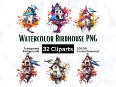 watercolor birdhouse png cliparts for use in design projects and scrapbooking