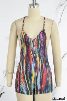 Olivia Mark - Stylish Multicolor Print Backless Spaghetti Strap Skinny Romper Spaghetti Strap Rompers, Vintage Summer Dresses, Spaghetti Strap Maxi Dress, Printed Summer Dresses, Dress Sleeve Styles, Lace Dress Long, Plus Size Jumpsuit, Long Sleeve Lace Dress, Collar Designs