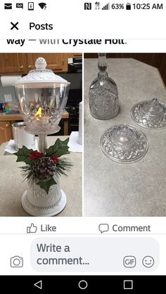 an image of two glass vases on a table with christmas decorations in the middle