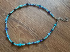 Blue mixed bead necklace Handmade Blue Crystal Choker Necklace, Blue Beaded Choker With Faceted Beads, Blue Faceted Beads Choker Necklace, Blue Choker With Large Round Beads, Mixed Bead Necklace, Mixed Beads Necklace, Jewerly Making, Beaded Necklaces, Blue Beads