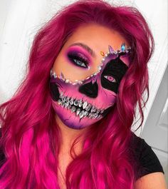 Pink Skull Makeup, Catrina Makeup, Creepy Halloween Makeup, Halloween Makeup Diy, Horror Party, Halloween Beauty, Halloween Makeup Pretty, 2023 Halloween, Halloween Eye Makeup