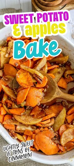 sweet potato and apple bake in a white bowl