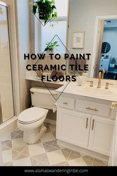 a bathroom with white cabinets and tile flooring that has the words how to paint ceramic floors