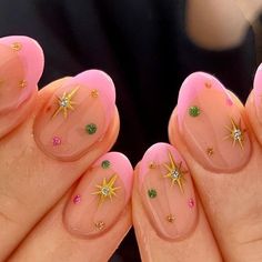 Star Burst Nails, Pink Star Nail Designs, Starburst Nail Design, Short Nails With Stars, Glastonbury Nails, Starburst Nails, Truth About Life, Biab Nails, Confetti Nails