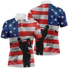 a polo shirt with the image of a man holding a baseball bat in front of an american flag