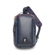 a blue backpack with an orange stripe on the front and side pocket, sitting against a white background