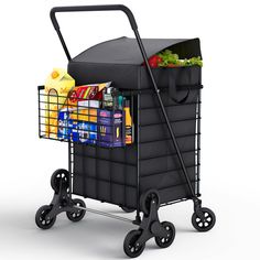 a black shopping cart filled with groceries and drinks on wheels, 3d digitally rendered image