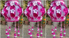 three pictures of pink and white paper lanterns with flowers on them, hanging from strings