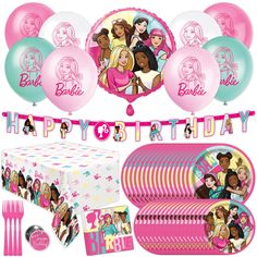 barbie birthday party supplies including balloons, plates and napkins