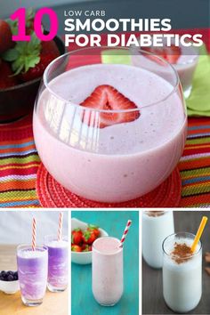 there are pictures of smoothies with strawberries in them and milks on the table