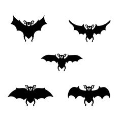 four bats flying in the air with their wings spread out and eyes closed, black on white