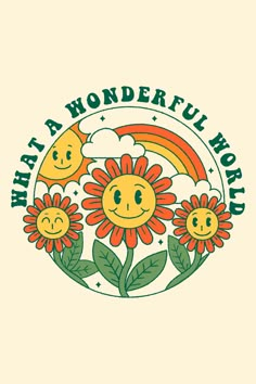 the logo for what's a wonderful world with sunflowers and clouds on it