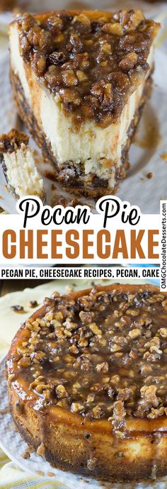 pecan pie cheesecake with chocolate sauce on top